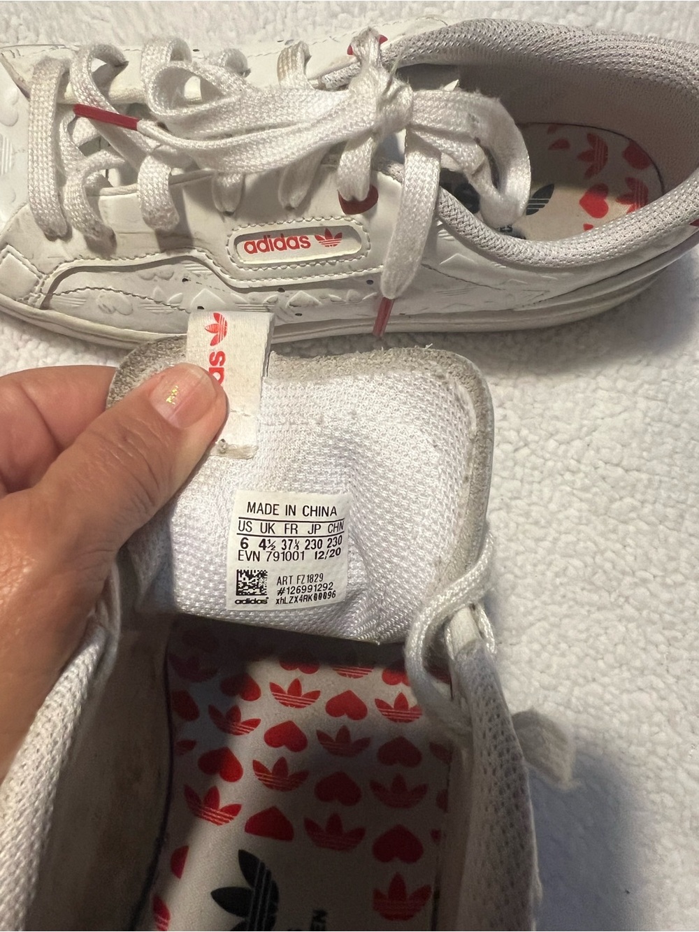 adidas kids big girl or women’s White Sneakers with Red Accents and Heart Detail